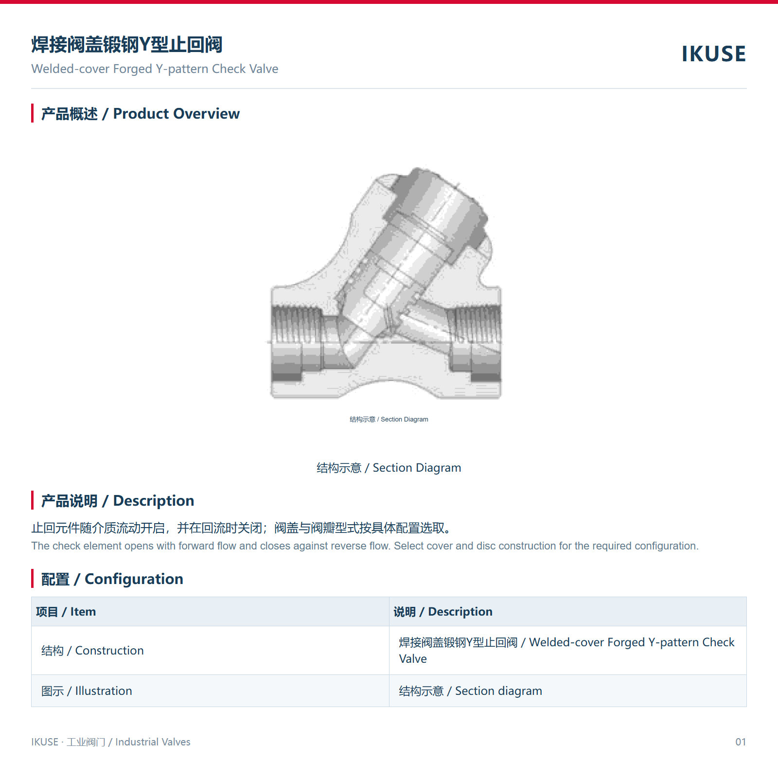 IKUSE 焊接阀盖锻钢Y型止回阀图2