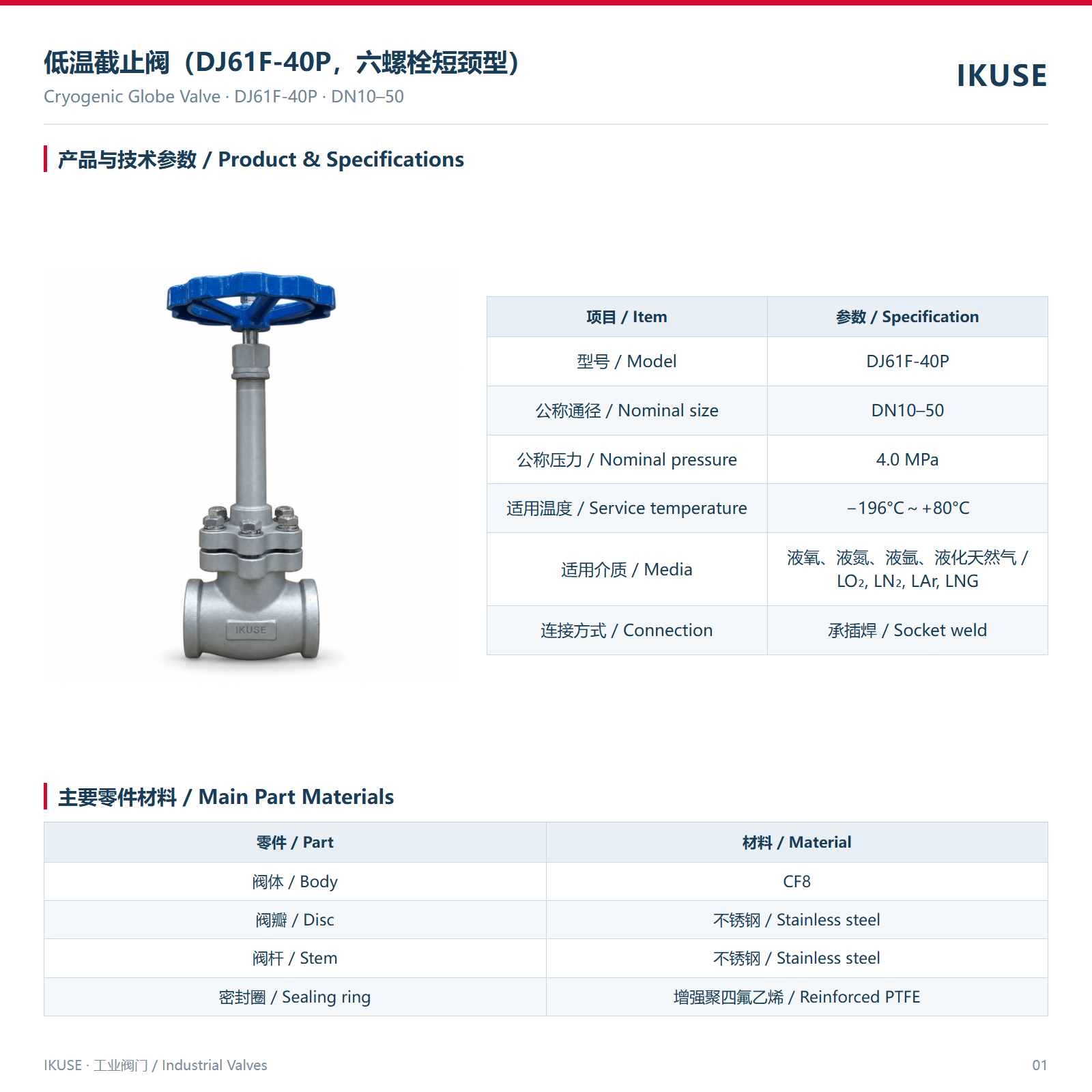 IKUSE 低温截止阀（DJ61F-40P，六螺栓短颈型）图2