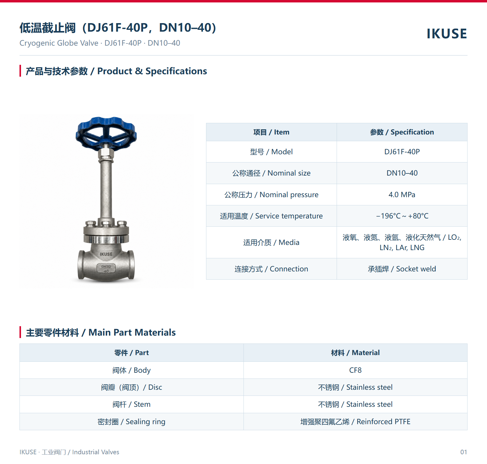 IKUSE 低温截止阀（DJ61F-40P，DN10–40）图2