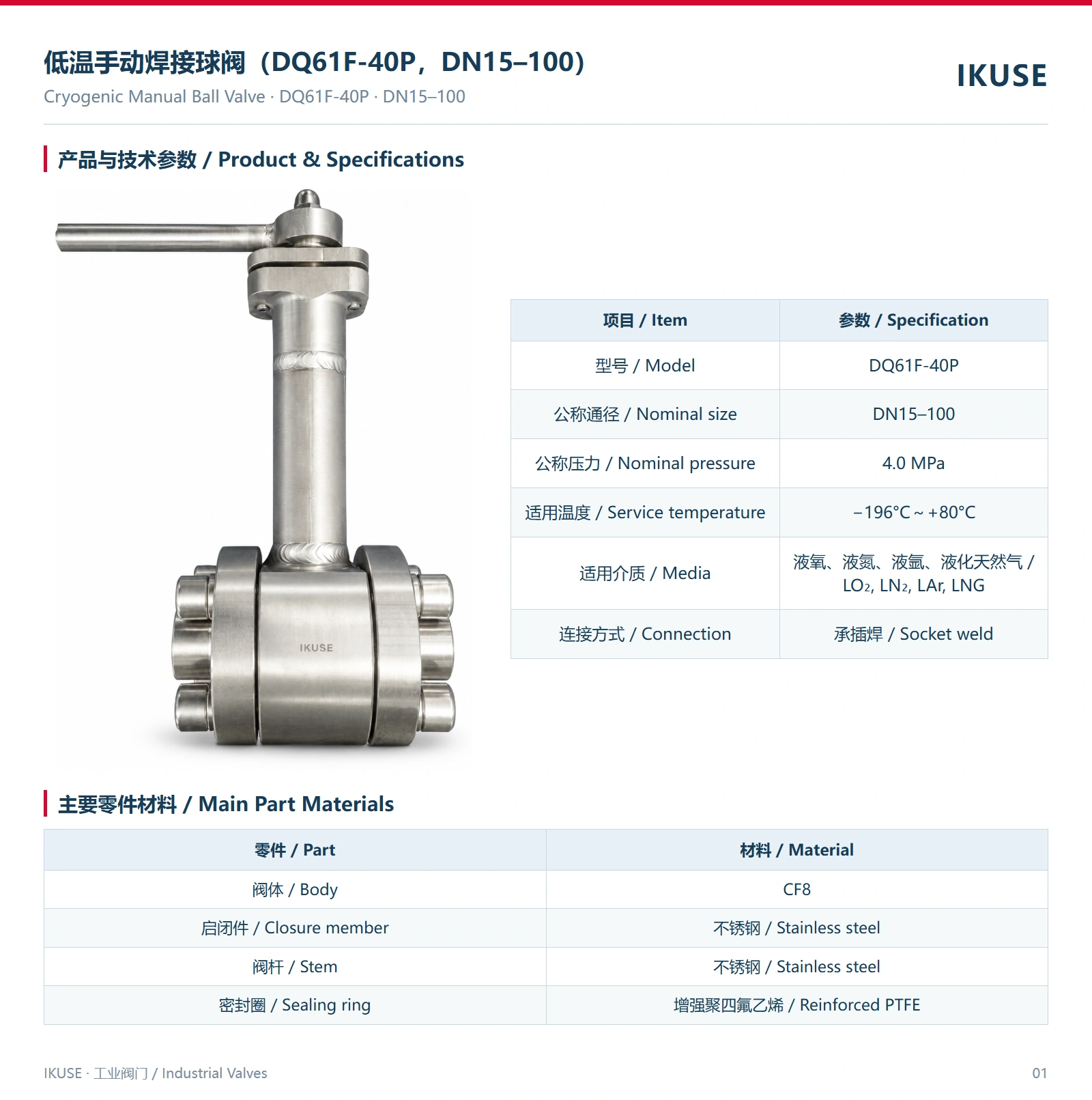 IKUSE 低温手动焊接球阀（DQ61F-40P，DN15–100）图2
