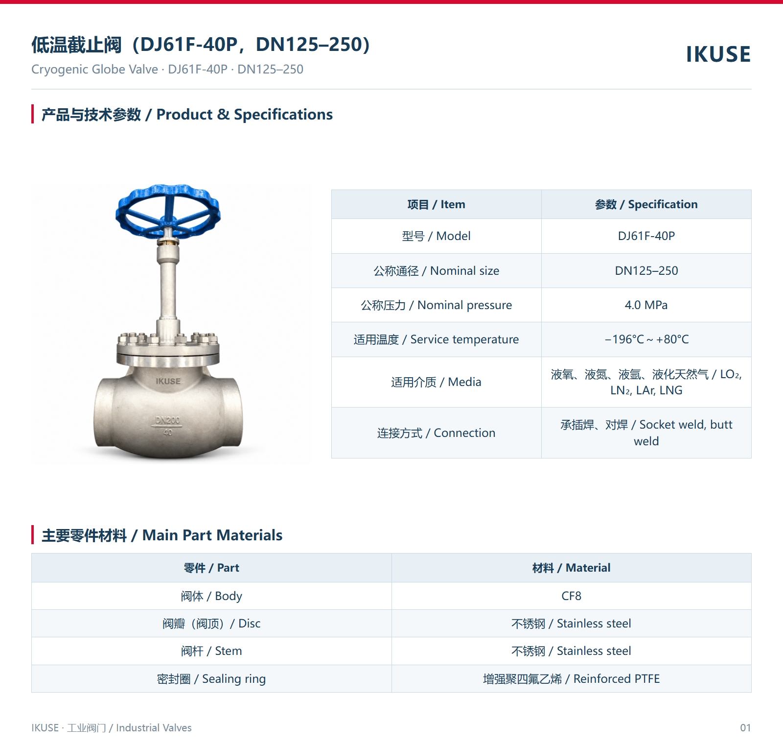 IKUSE 低温截止阀（DJ61F-40P，DN125–250）图2