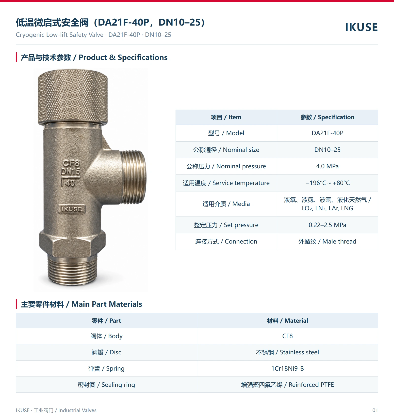 IKUSE 低温微启式安全阀（DA21F-40P，DN10–25）图2