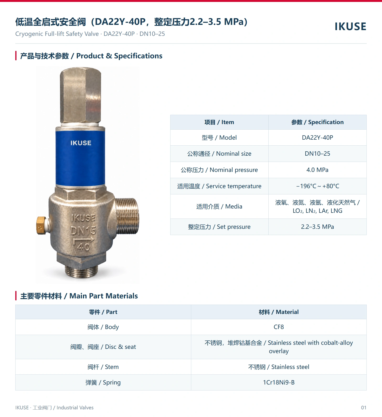 IKUSE 低温全启式安全阀（DA22Y-40P，整定压力2.2–3.5 MPa）图2